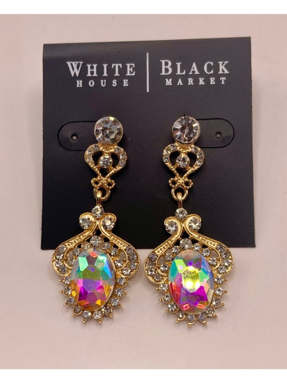 White House Black Market New Gold-Tone Crystal Drop Earrings Aurora Borealis -16
